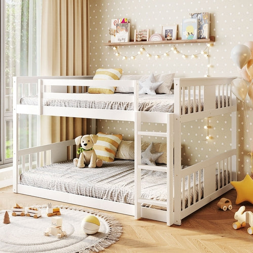 Bunk Bed Full Over Full White Solid Wood with Ladder and Storage for
