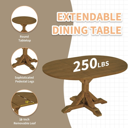 Farmhouse 6-Piece 60inch Extendable Pedestal Dining Table Set with