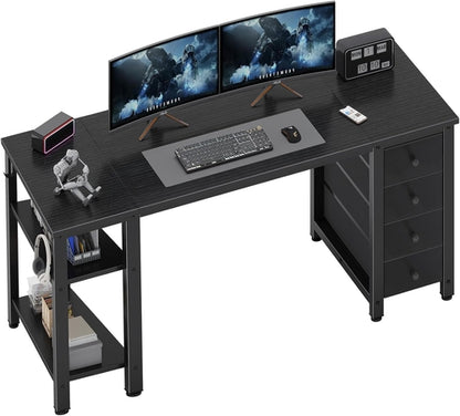 55 Inch Gaming Desk With Fabric Drawers And Shelves Black