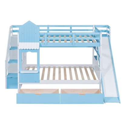 Full-Over-Full Castle Style Bunk Bed with 2 Drawers, 3 Shelves and
