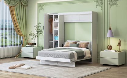 Queen Size Murphy Bed Wall Bed with Shelves, Wardrobe and LED Lights