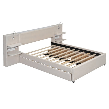 Queen Size Upholstered Platform Bed with Reading Lights, Drawers,