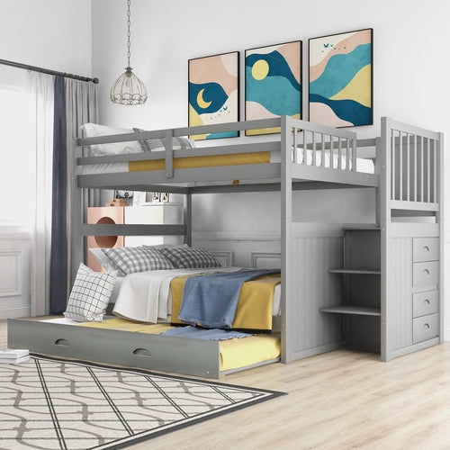Full over Full Bunk Bed with Twin Size Trundle, Gray