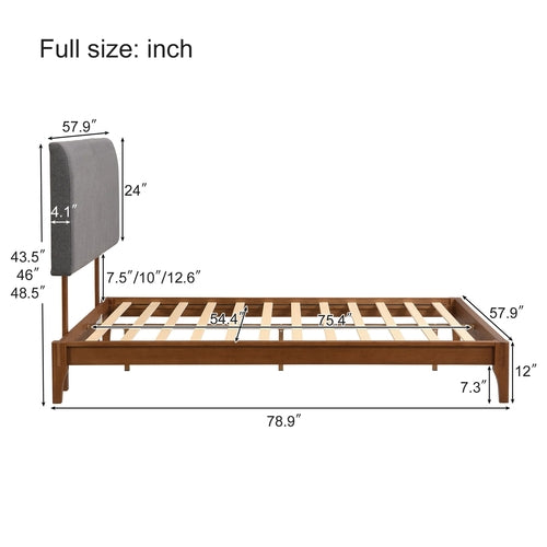 Full Size Solid Dry Bamboo Wood 12 Inch Platform Bed, with Gray Curved