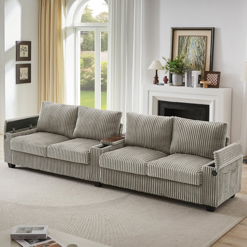 Modern 4-Seater Corduroy Sofa Couch with USB Ports, Hidden Storage and