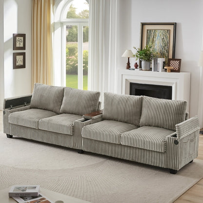 Modern 4-Seater Corduroy Sofa Couch with USB Ports, Hidden Storage and