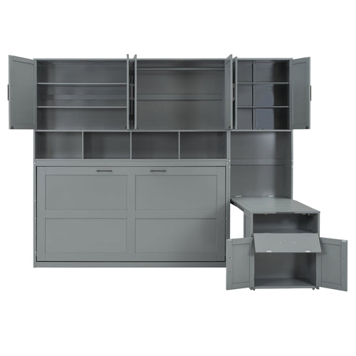 Twin Size Murphy Bed Wall Bed with Closet , Drawers & Desk-Gray