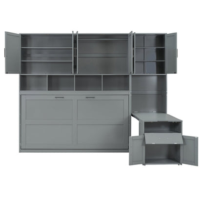Twin Size Murphy Bed Wall Bed with Closet , Drawers & Desk-Gray
