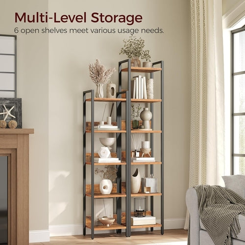 Six Tier Standing Bookcase In Rustic Brown And Black For Small Spaces
