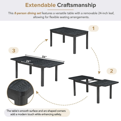 Rustic Extendable Dining Table Set with Removable Leaf, 6 Upholstered