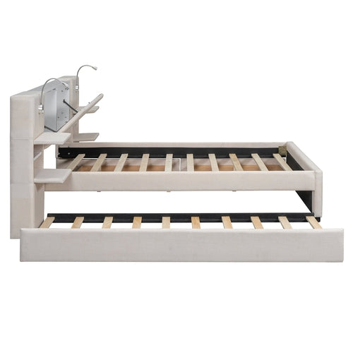 Queen Size Upholstered Platform Bed with Reading Lights, Drawers,