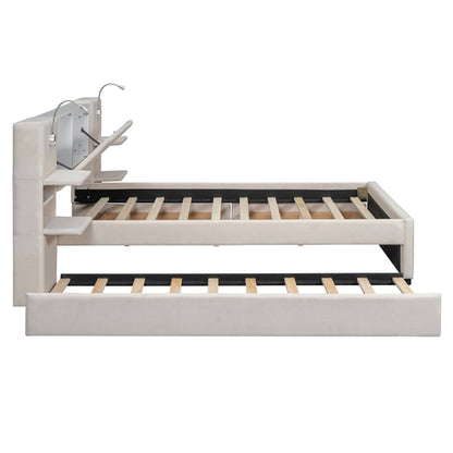 Queen Size Upholstered Platform Bed with Reading Lights, Drawers,