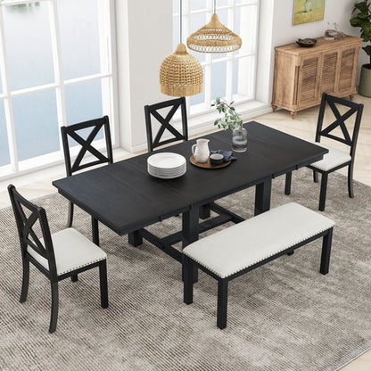 Farmhouse 82inch 6-Piece Extendable Dining Table with Footrest, 4