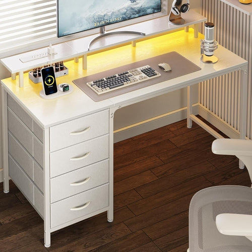 47 Inch LED Gaming Desk With Power Outlets White Drawers