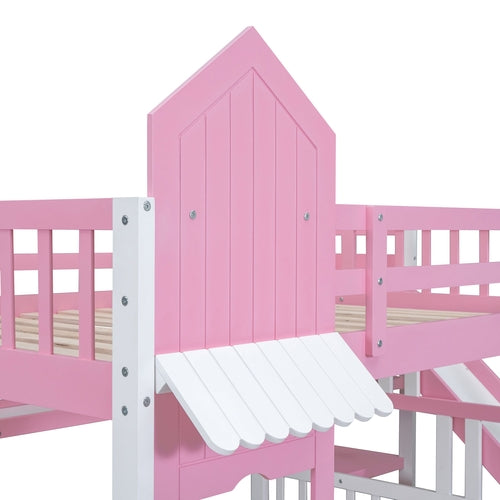 Full-Over-Full Castle Style Bunk Bed with 2 Drawers, 3 Shelves and