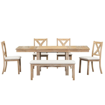 Farmhouse 82inch 6-Piece Extendable Dining Table with Footrest, 4