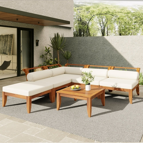 6 Piece Patio Sofa Set, Acacia Wood Outdoor Modular Sectional Garden