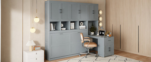 Twin Size Murphy Bed Wall Bed with Closet , Drawers & Desk-Gray