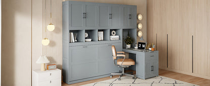 Twin Size Murphy Bed Wall Bed with Closet , Drawers & Desk-Gray