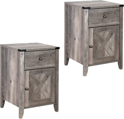 Barnwood Rustic Nightstand With X Shaped Barn Doors Grey