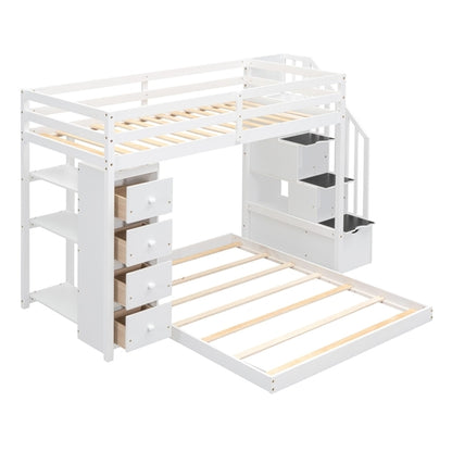Twin Over Full Bunk Bed with 3-layer Shelves, Drawers and Storage