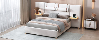 Upholstered Platform Bed with Outlets, USB Ports, Pillows and Storage