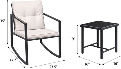 Beige 3 Piece Rocking Wicker Bistro Set With Glass Coffee Table For