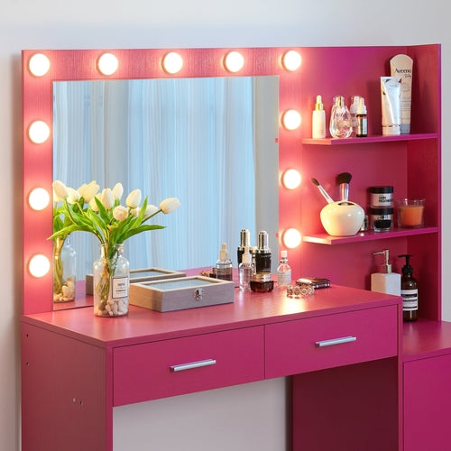 Rose Pink Vanity Desk with Mirror and Lights, Eco-Friendly Particle
