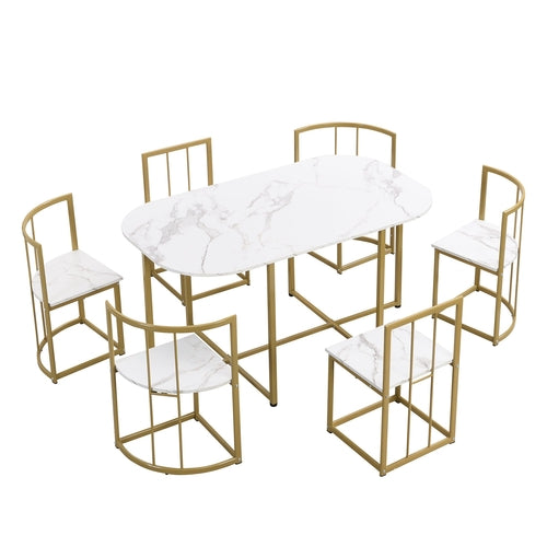 Modern 7-Piece Dining Table Set with Faux Marble Compact 55Inch