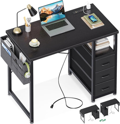 32-Inch Computer Desk With Fabric Drawers And Charging Station Black