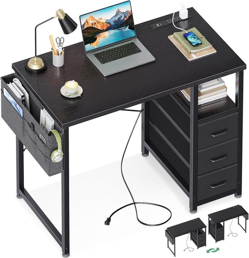 32-Inch Computer Desk With Fabric Drawers And Charging Station Black