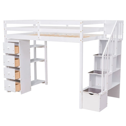 Twin size Loft Bed with Storage Drawers and Stairs, Wooden Loft Bed