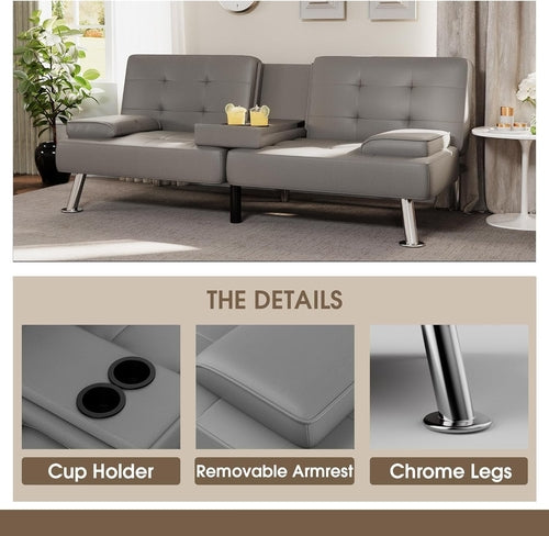 Grey Futon Sofa Bed With Adjustable Back And Cup Holders