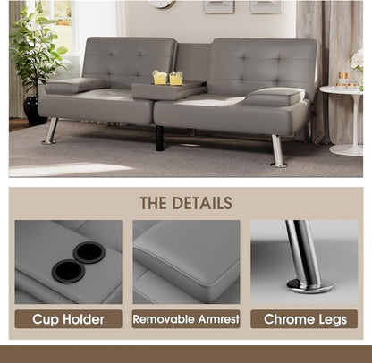Grey Futon Sofa Bed With Adjustable Back And Cup Holders