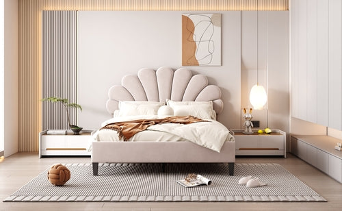 Upholstered Platform Bed with Flower Pattern Velvet Headboard