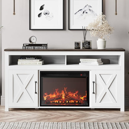 58 Inch White Farmhouse Fireplace TV Stand Cabinet