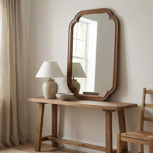 Solid Wood Frame Rounded Corner Decorative Mirror, For Bedroom,