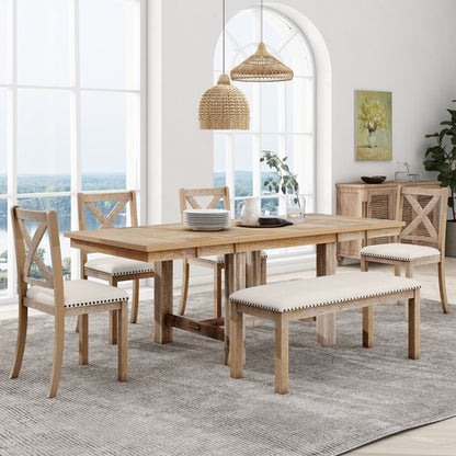 Farmhouse 82inch 6-Piece Extendable Dining Table with Footrest, 4