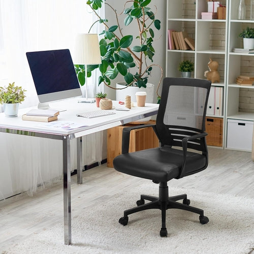 Ergonomic Office Chair Leather Seat Mesh Back Black With Lumbar