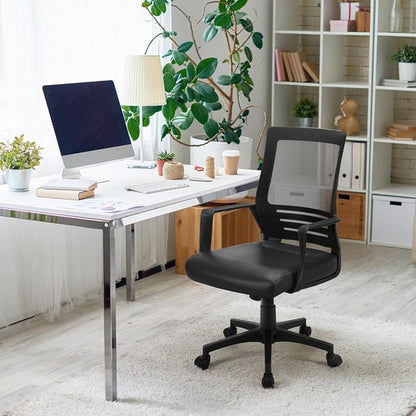 Ergonomic Office Chair Leather Seat Mesh Back Black With Lumbar