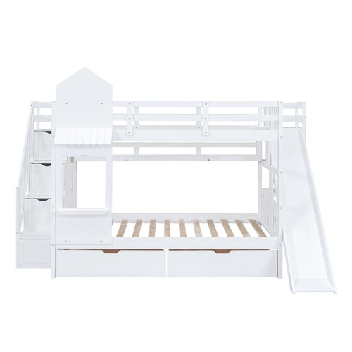 Full-Over-Full Castle Style Bunk Bed with 2 Drawers, 3 Shelves and