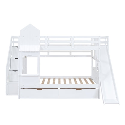 Full-Over-Full Castle Style Bunk Bed with 2 Drawers, 3 Shelves and