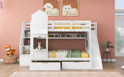Full-Over-Full Castle Style Bunk Bed with 2 Drawers, 3 Shelves and