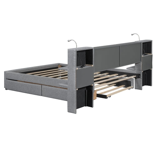 Queen Size Upholstered Platform Bed with Reading Lights, Drawers,