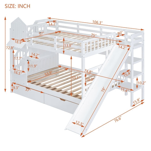Full-Over-Full Castle Style Bunk Bed with 2 Drawers, 3 Shelves and