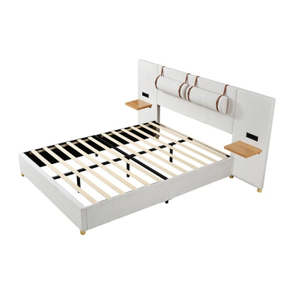 Upholstered Platform Bed with Outlets, USB Ports, Pillows and Storage