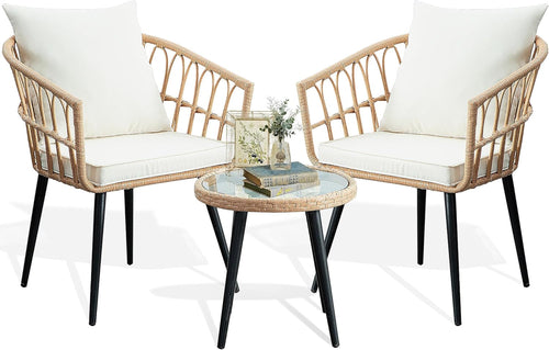 Three Piece Patio Bistro Set Outdoor Wicker Beige Rattan Table And