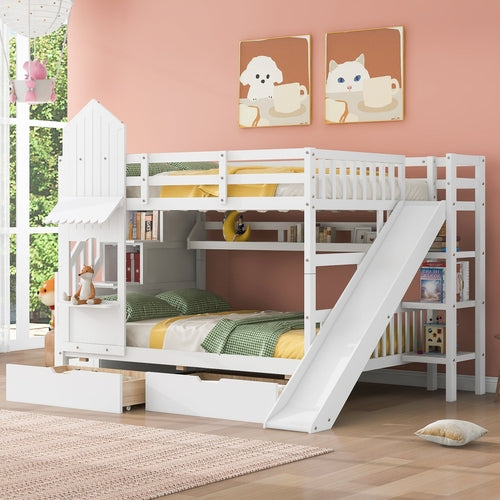 Full-Over-Full Castle Style Bunk Bed with 2 Drawers, 3 Shelves and