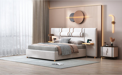Upholstered Platform Bed with Outlets, USB Ports, Pillows and Storage