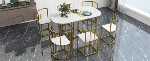 Modern 7-Piece Dining Table Set with Faux Marble Compact 55Inch